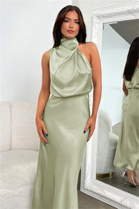 Carlina | Elegante Abito Lungo in Raso con Collo Halter