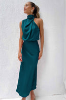 Carlina | Elegante Abito Lungo in Raso con Collo Halter