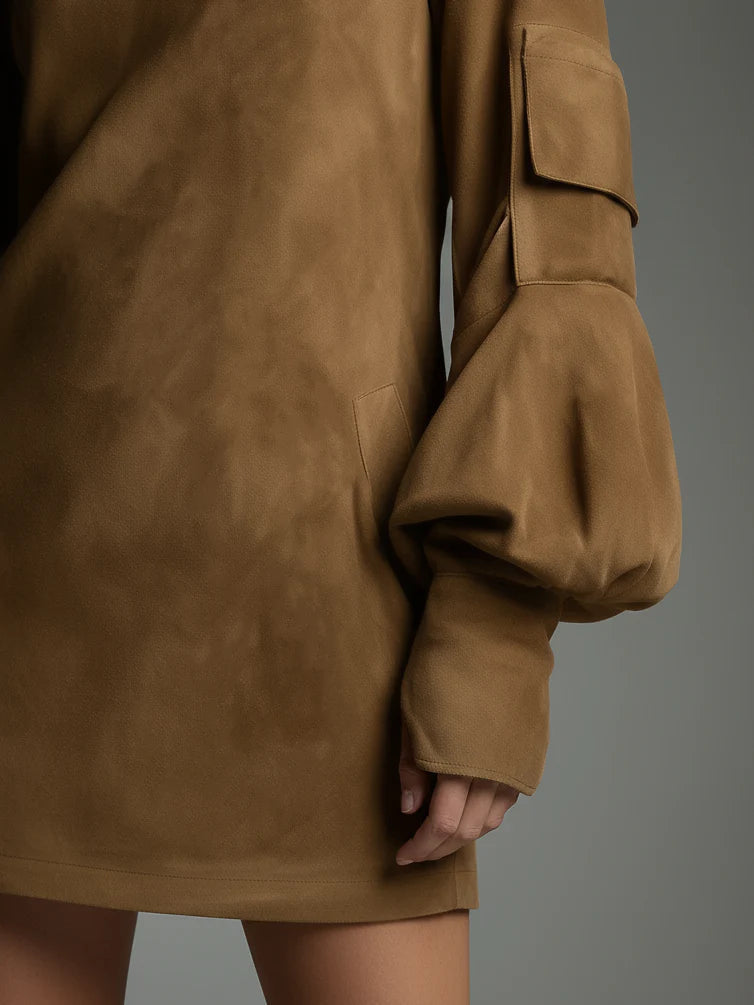 Elisa | Mini Abito Oversize in Simil-Camoscio con Colletto Alto