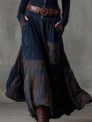 Serena — Abito Lungo in Camoscio a Quadri Navy Elegante