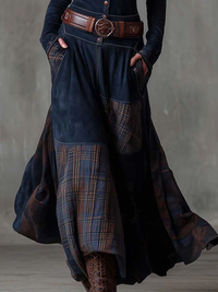Serena — Abito Lungo in Camoscio a Quadri Navy Elegante
