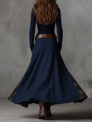Serena — Abito Lungo in Camoscio a Quadri Navy Elegante