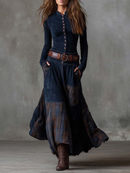 Serena — Abito Lungo in Camoscio a Quadri Navy Elegante