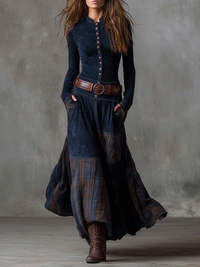 Serena — Abito Lungo in Camoscio a Quadri Navy Elegante