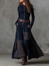 Serena — Abito Lungo in Camoscio a Quadri Navy Elegante